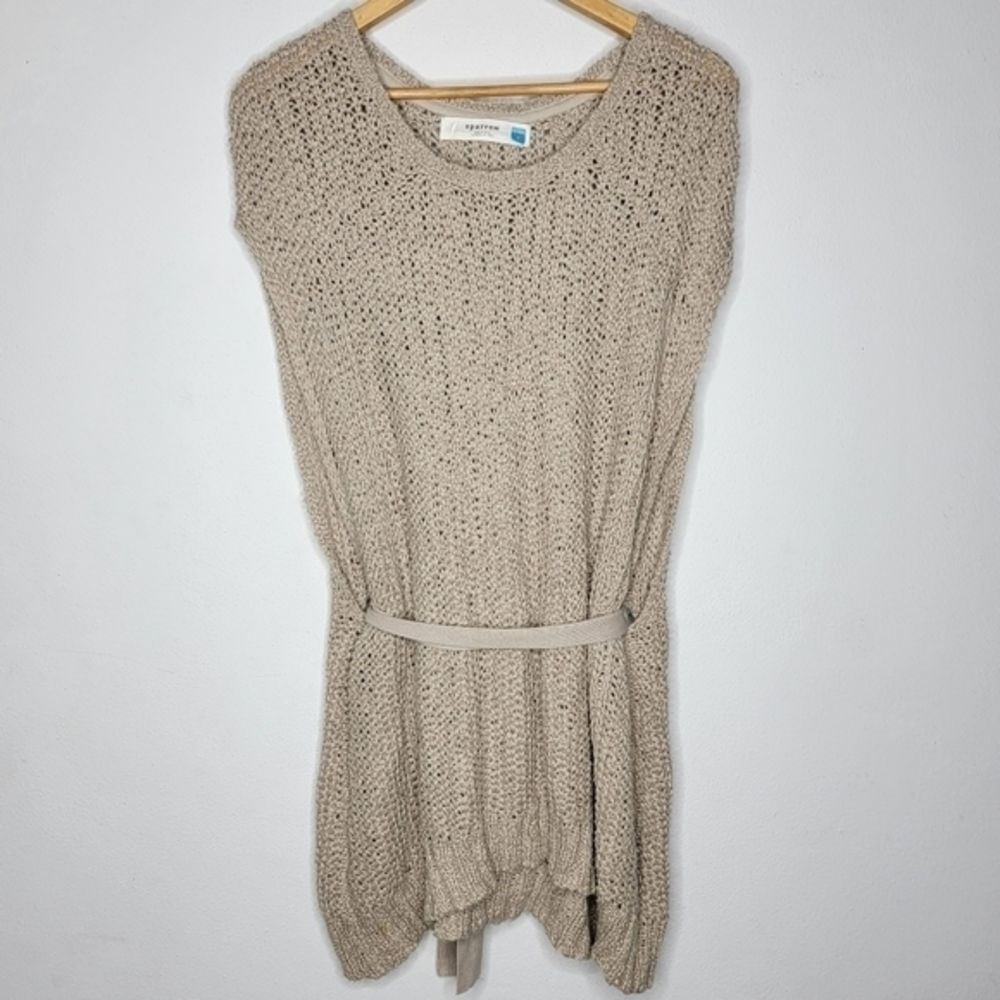 Sparrow Anthropologie Small Cream Open Cable Knit Tie Waist‎ Tunic Sweater